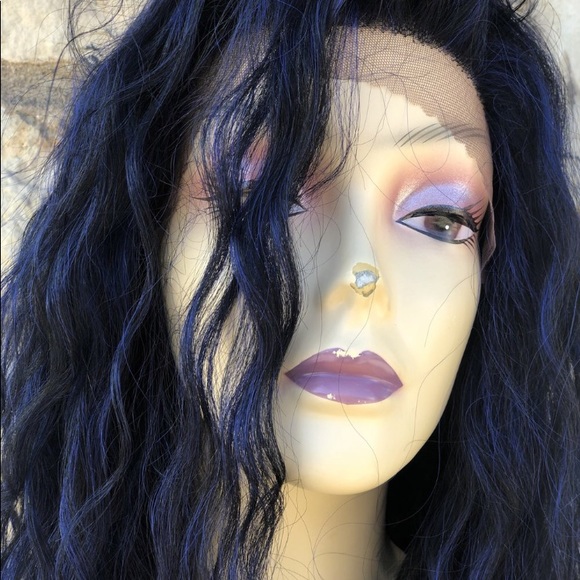 Long blue curly Freeparting wig main image 6
